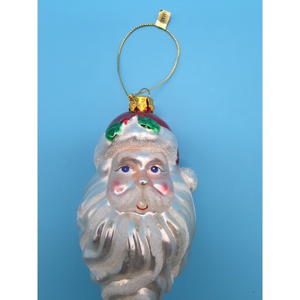 Handblown Santa Head Ornament With Glitter Accents Christmas Tree Decor